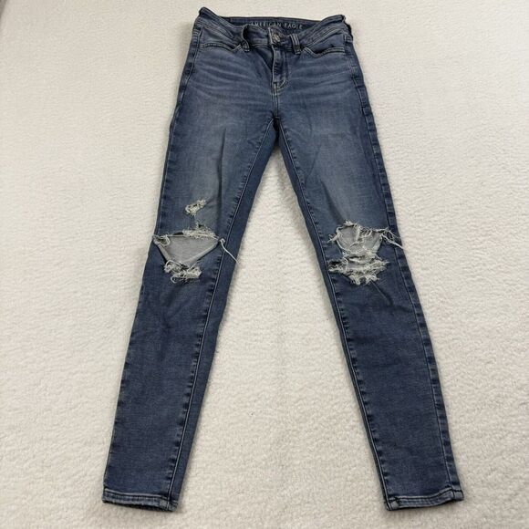 American‎ Eagle Jeans Women's 24 Blue Hi Rise Jeggings Distressed Stretch Denim - Picture 2 of 12